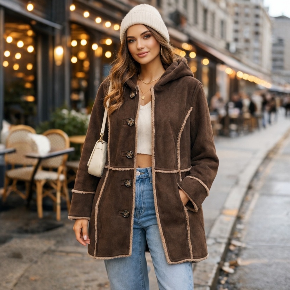 Coldwater Creek Brown Faux Shearling Hooded Boho Y2K Coat‎ Jacket 2X